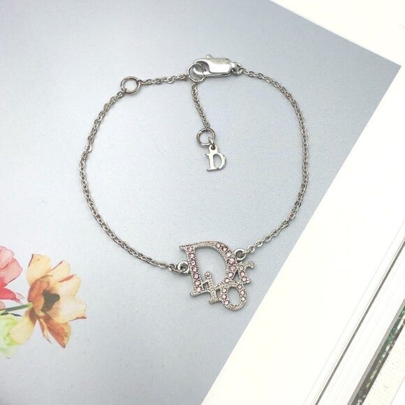 Auth Christian Dior CD Logo Pink Rhinestones SV Bracelet - Picture 2 of 10